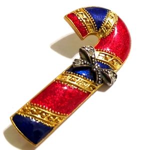 Vintage Enameled Rhinestone Accents Candy Cane Holiday Brooch